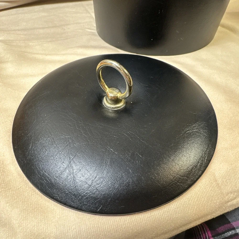 Vintage Black Faux Leather Ice Bucket with Lid‎ and Handle Mid Century Barware